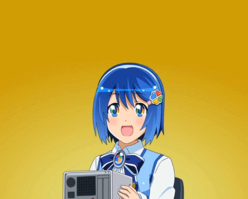 blue-haired anime girl with laptop
