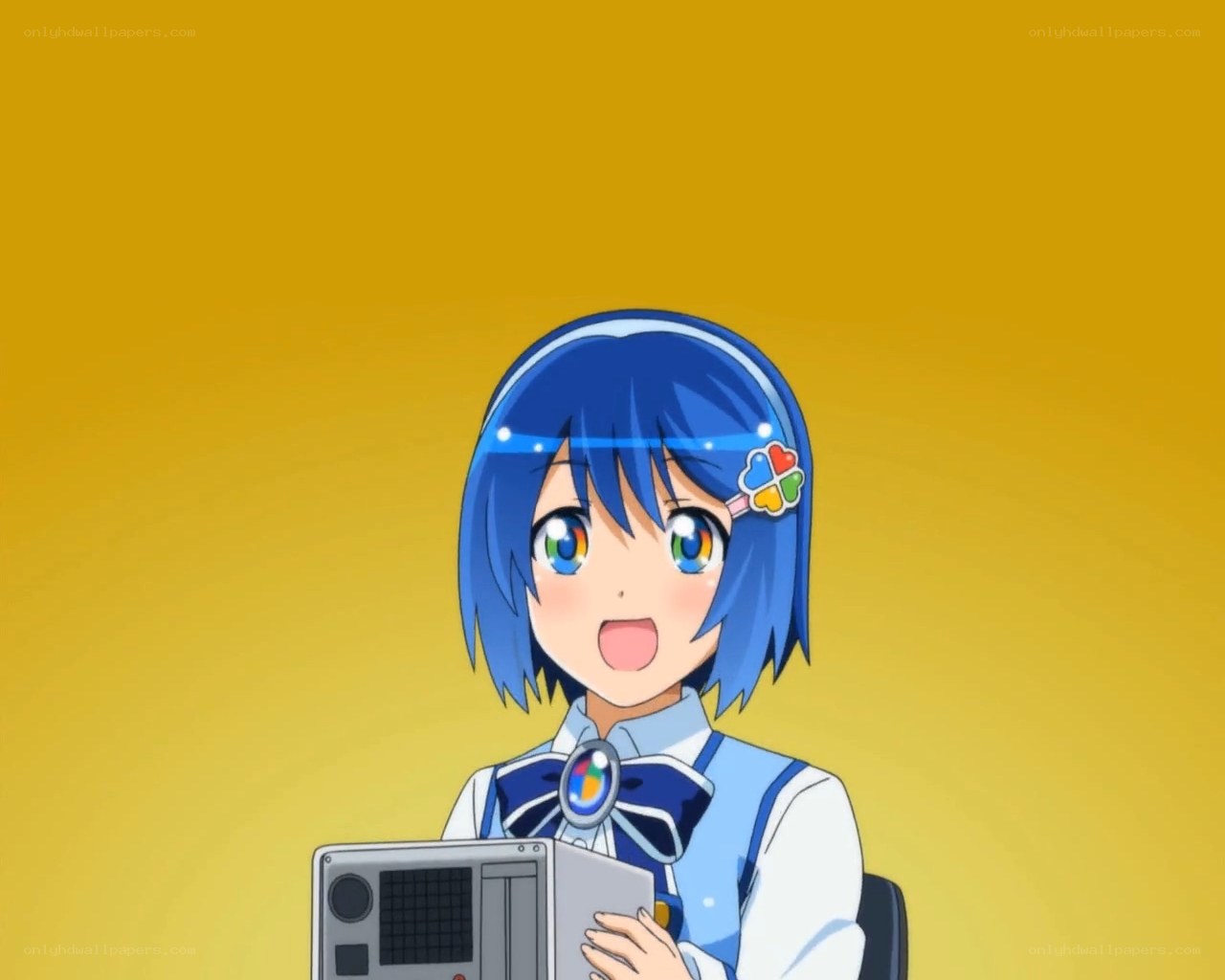 blue-haired anime girl with laptop