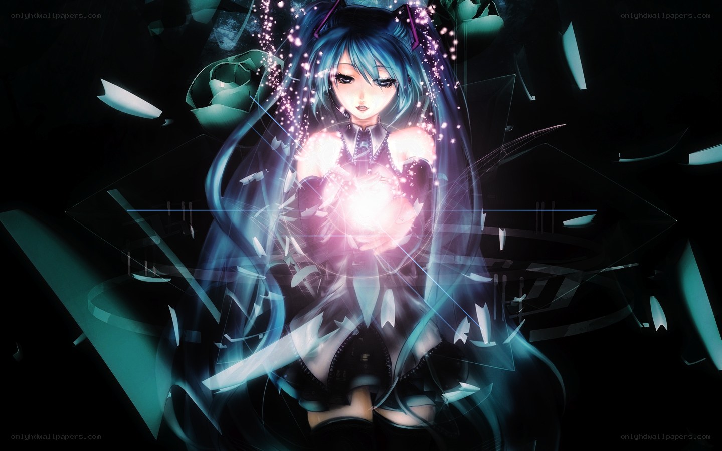 blue-haired anime girl with light orb