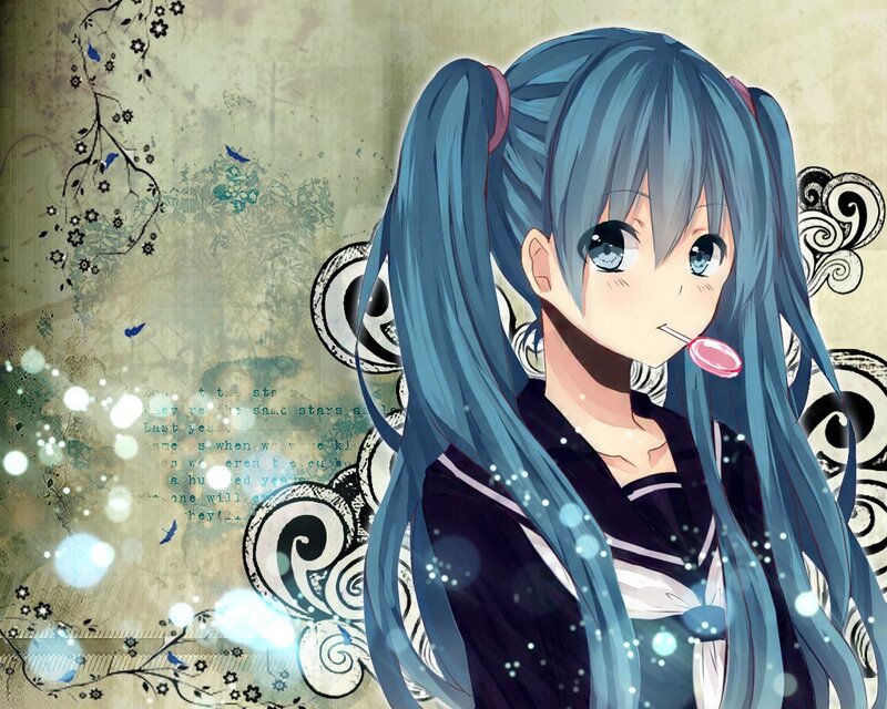 blue-haired anime girl with lollipop