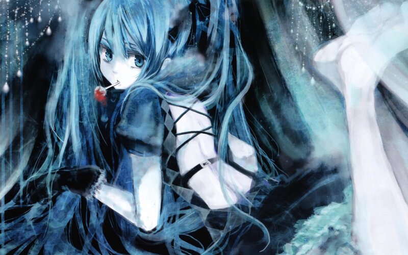 blue-haired anime girl with lollipop