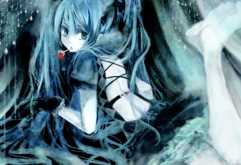 blue-haired anime girl with lollipop