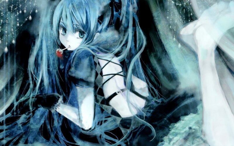 Blue-haired anime girl with lollipop