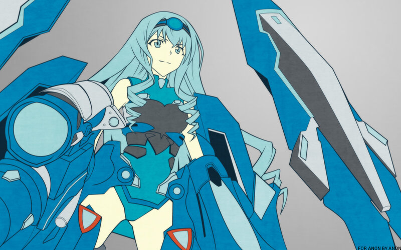 blue-haired anime girl with mech