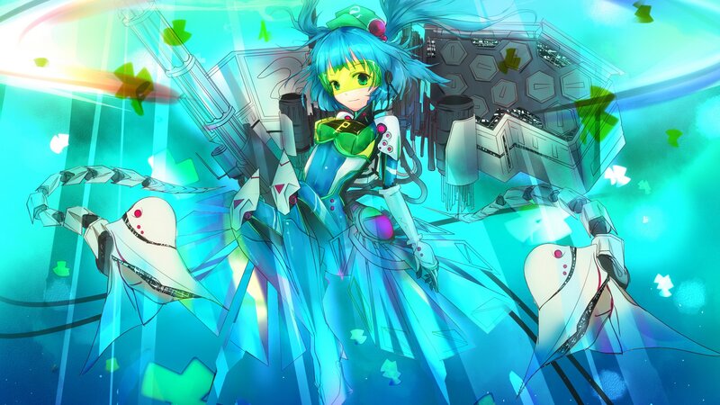 blue-haired anime girl with mech