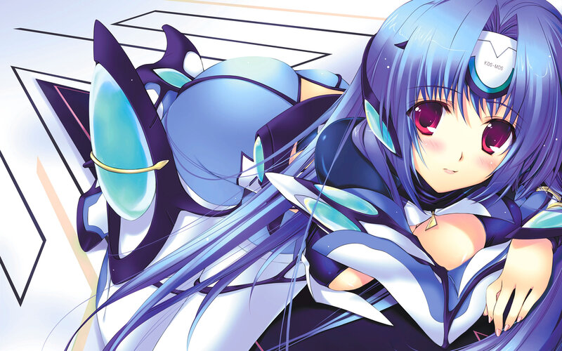 blue-haired anime girl with mech
