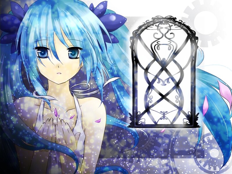 blue-haired anime girl with mirror