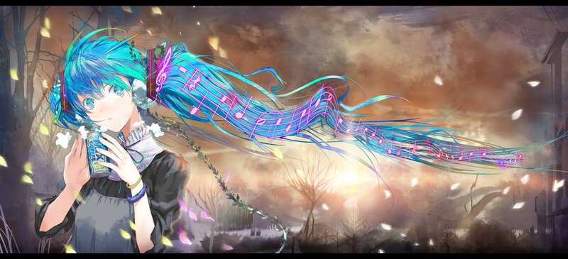 blue-haired anime girl with music notes