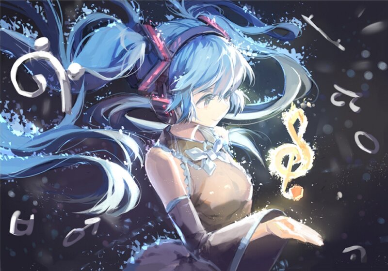 Blue-haired anime girl with music notes