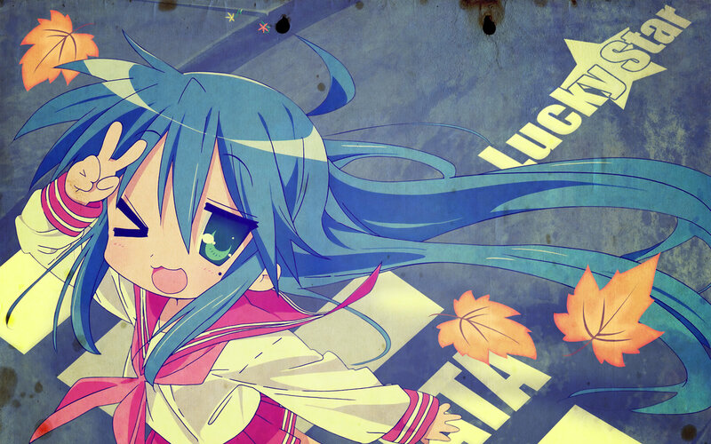 blue-haired anime girl with peace sign
