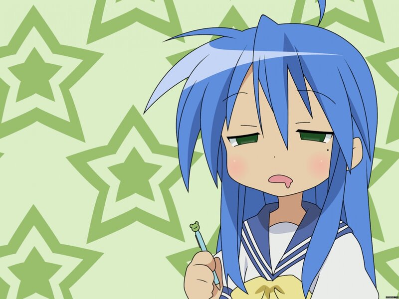 blue-haired anime girl with pen