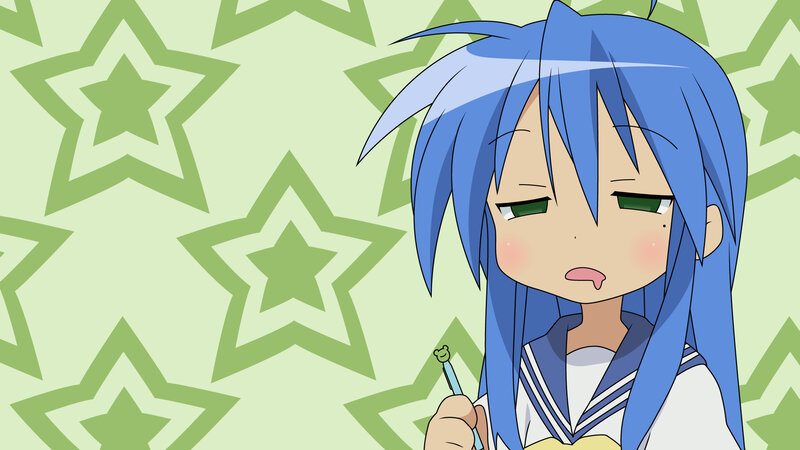 blue-haired anime girl with pen