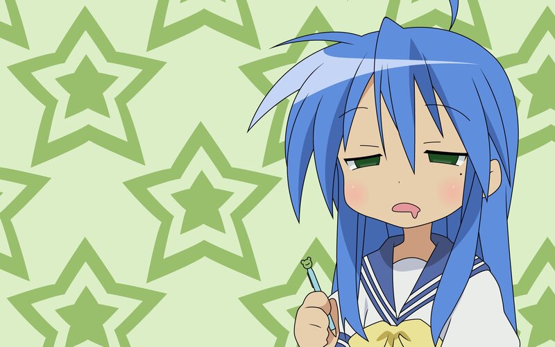 blue-haired anime girl with pen