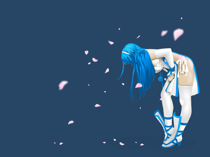 blue-haired anime girl with petals