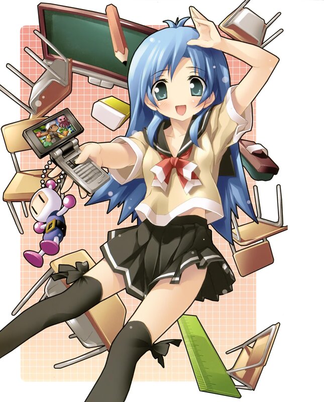 blue-haired anime girl with phone