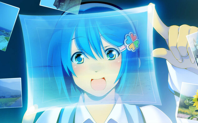 blue-haired anime girl with photo