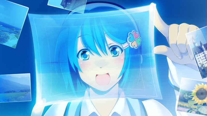 blue-haired anime girl with photos