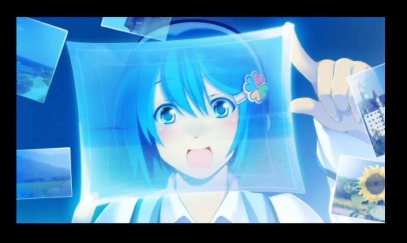 blue-haired anime girl with photos