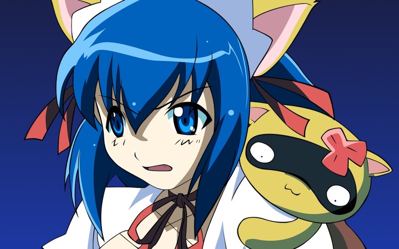 blue-haired anime girl with plush toy