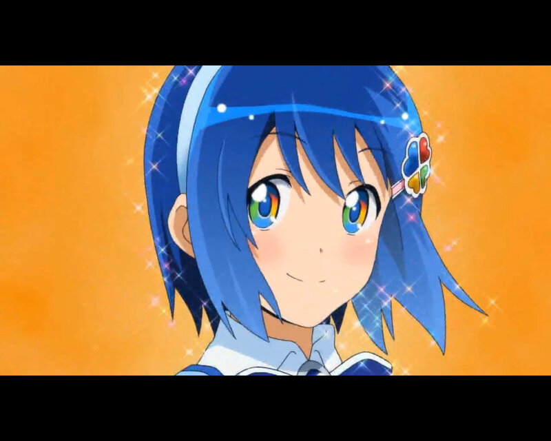 blue-haired anime girl with rainbow eyes