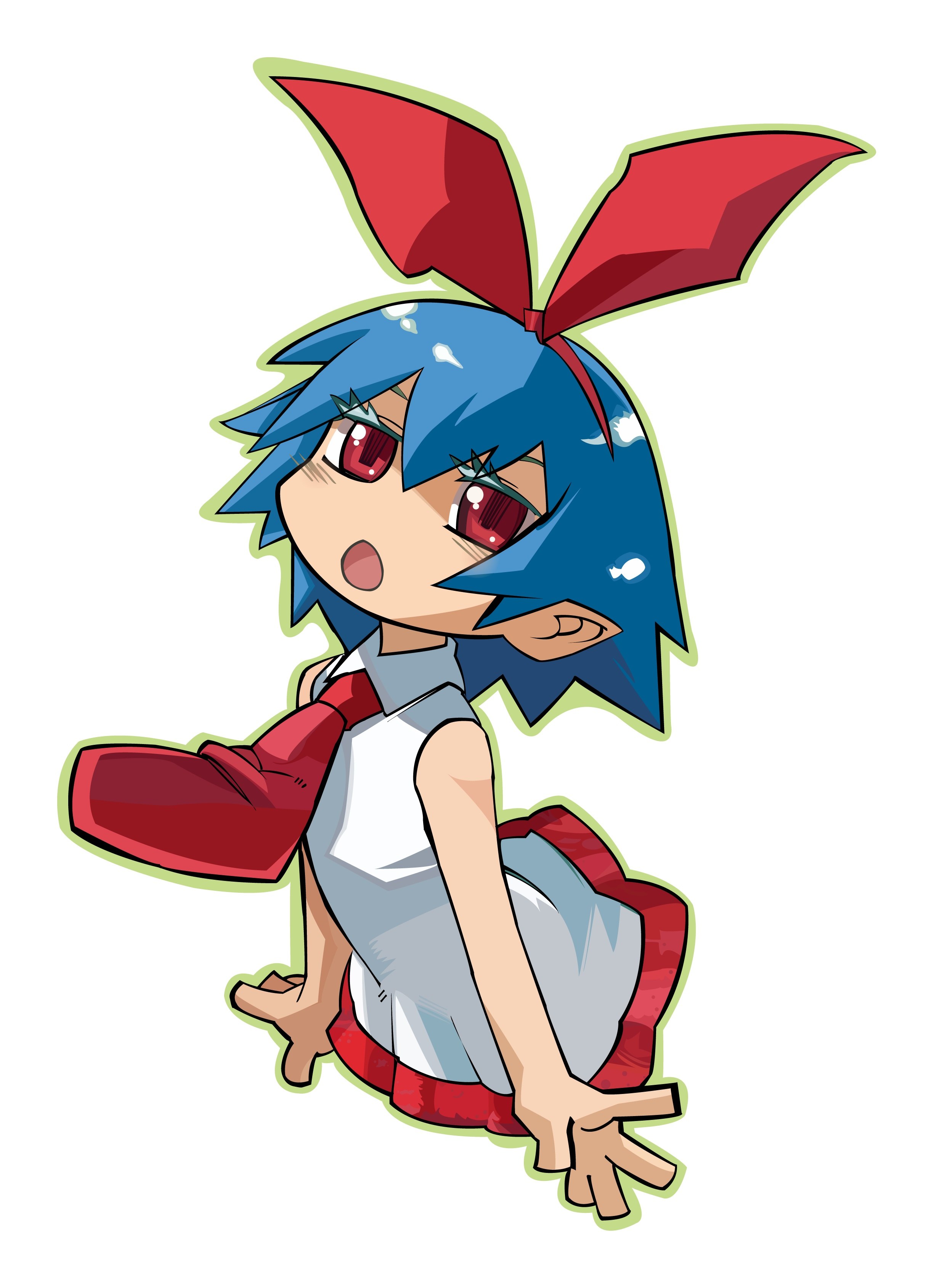 blue-haired anime girl with red bow