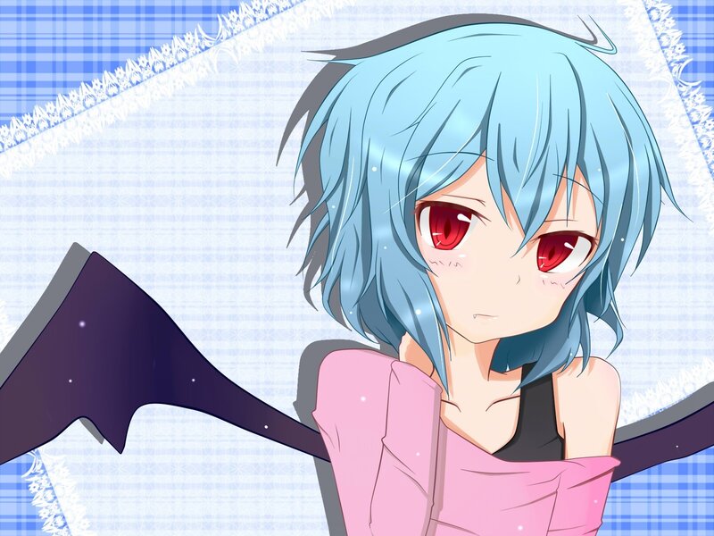 blue-haired anime girl with red eyes