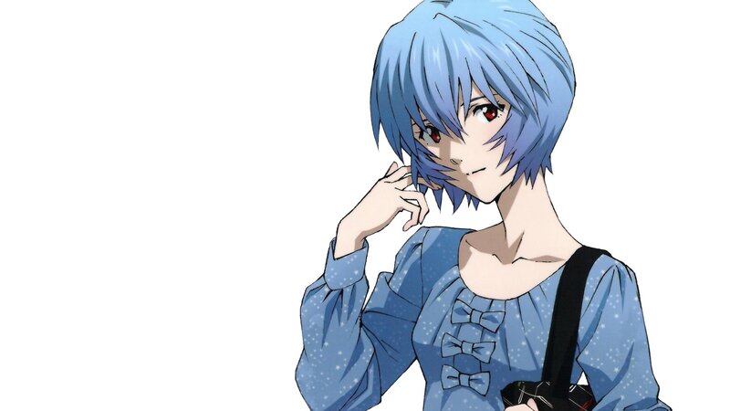 blue-haired anime girl with red eyes