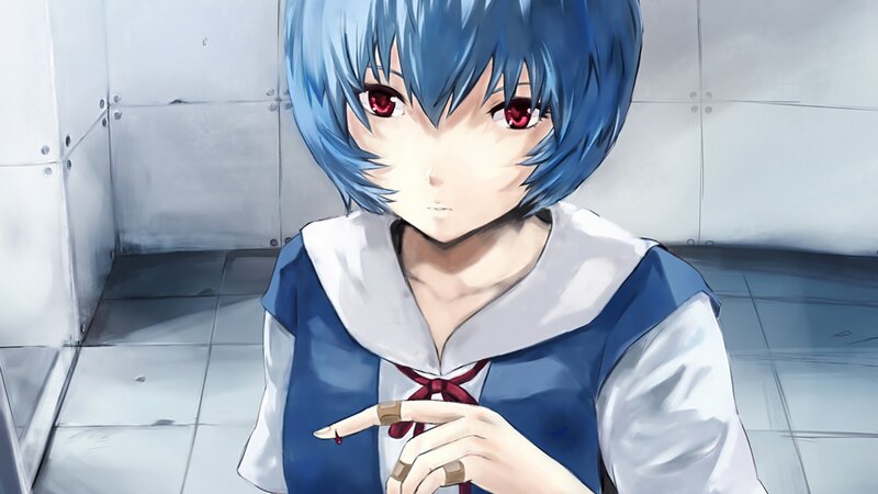 blue-haired anime girl with red eyes