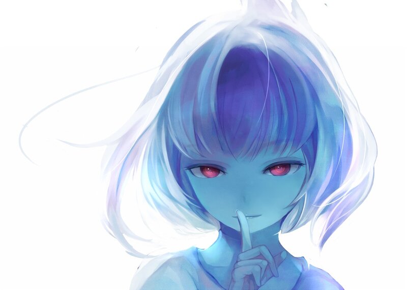 blue-haired anime girl with red eyes