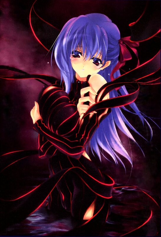 Blue-haired anime girl with red ribbons
