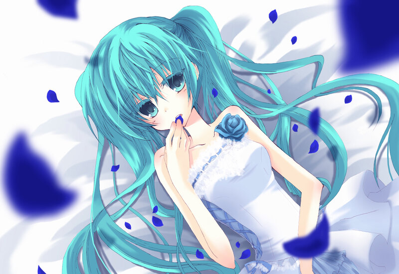 blue-haired anime girl with rose