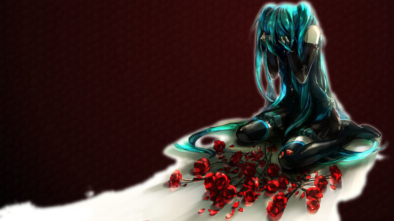 blue-haired anime girl with roses