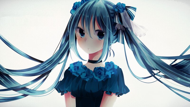 blue-haired anime girl with roses