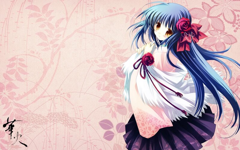 blue-haired anime girl with roses