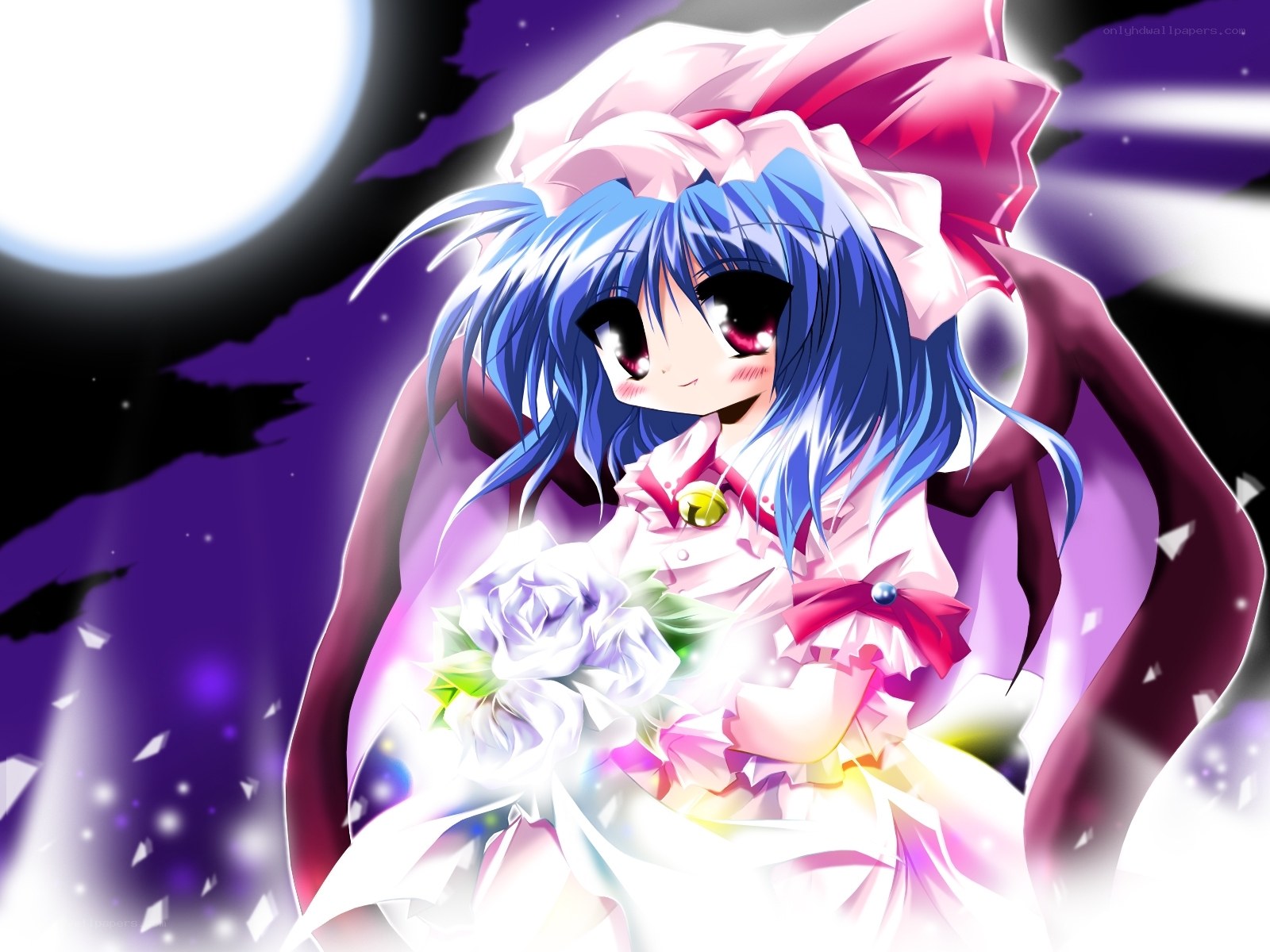 blue-haired anime girl with roses