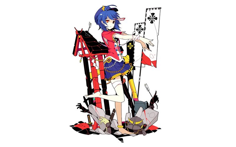 blue-haired anime girl with samurai gear