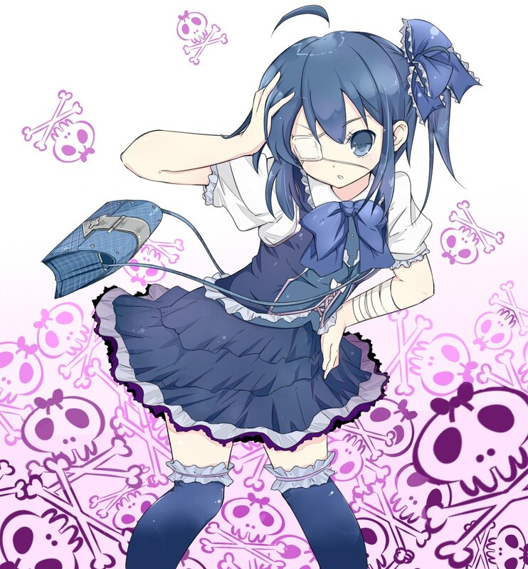 blue-haired anime girl with skull pattern