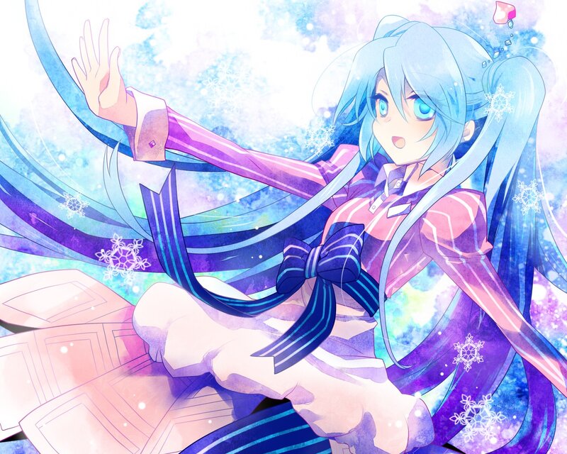 blue-haired anime girl with snowflakes