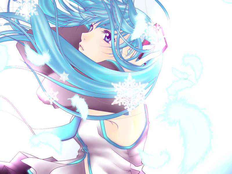 blue-haired anime girl with snowflakes