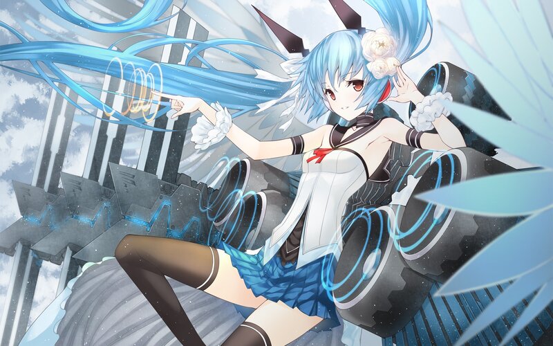 blue-haired anime girl with speakers
