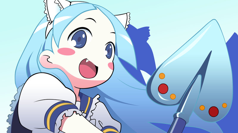 blue-haired anime girl with spear