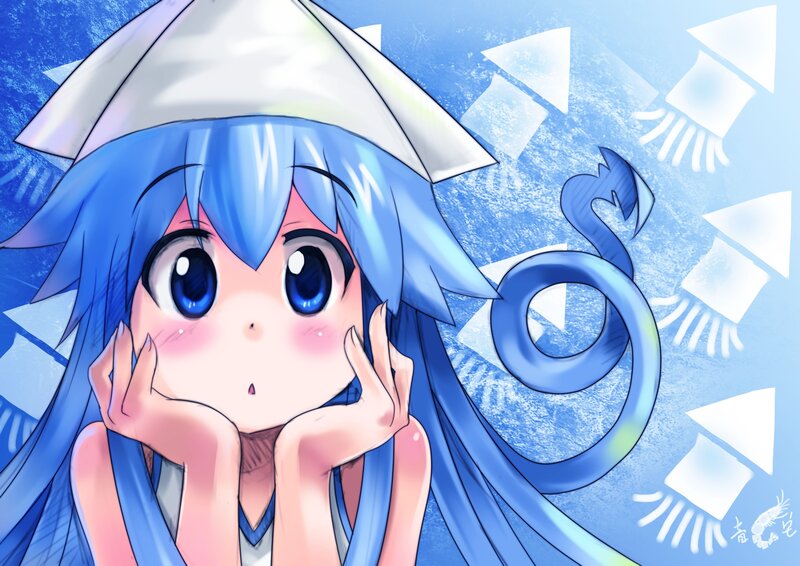 blue-haired anime girl with squid hat