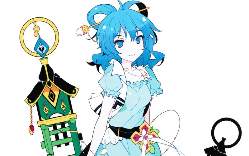 blue-haired anime girl with staff