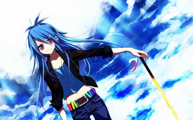 blue-haired anime girl with staff