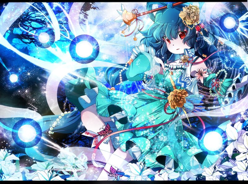 blue-haired anime girl with staff