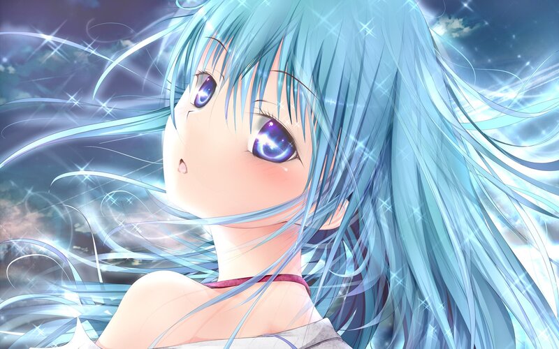blue-haired anime girl with starry eyes