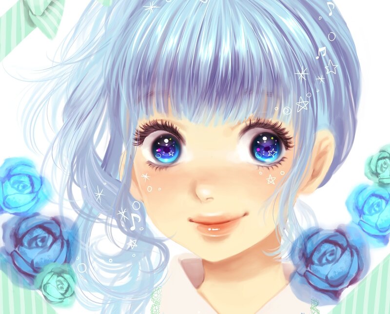 blue-haired anime girl with stars