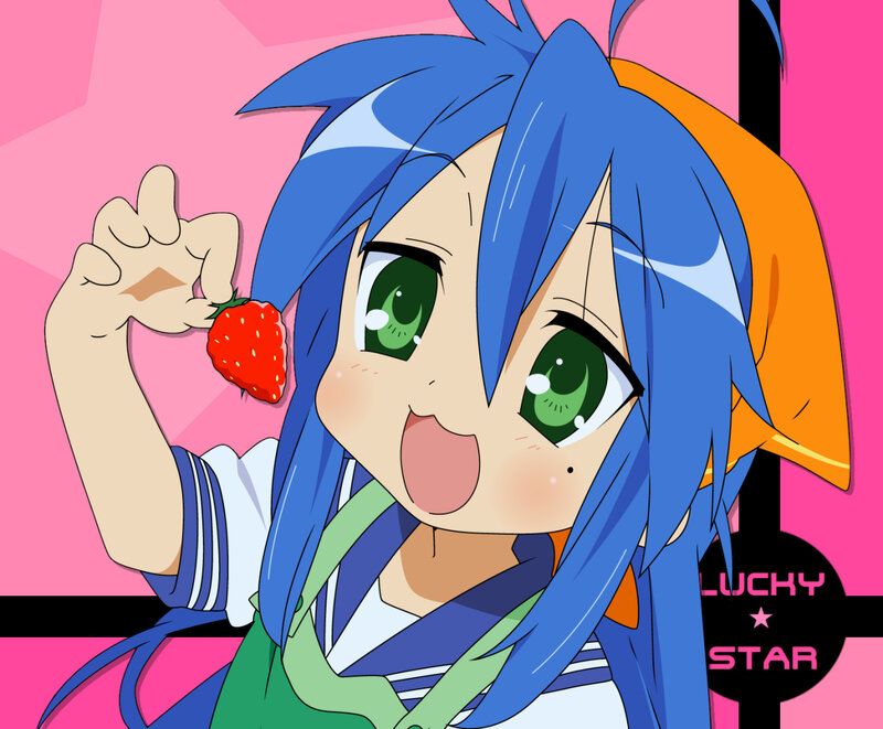 blue-haired anime girl with strawberry