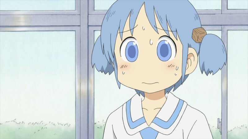 blue-haired anime girl with sweat drops