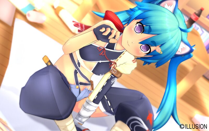 blue-haired anime girl with sword